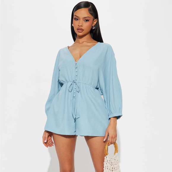 Fashion Nova Blue Jumpsuit with Balloon Sleeves and Drawstring Waist - Picture 1 of 3